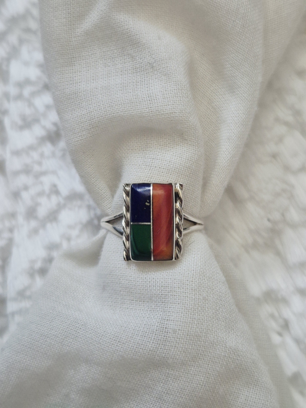 Vintage Sterling Silver Multi-color Inlay Rectangle Ring